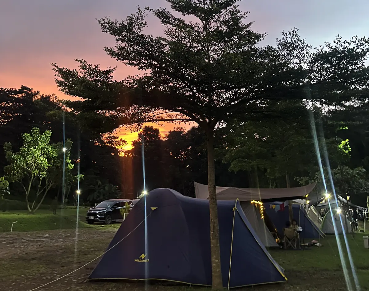 Tenda biru di bawah pohon cemara dengan langit senja jingga di Sisi Cai